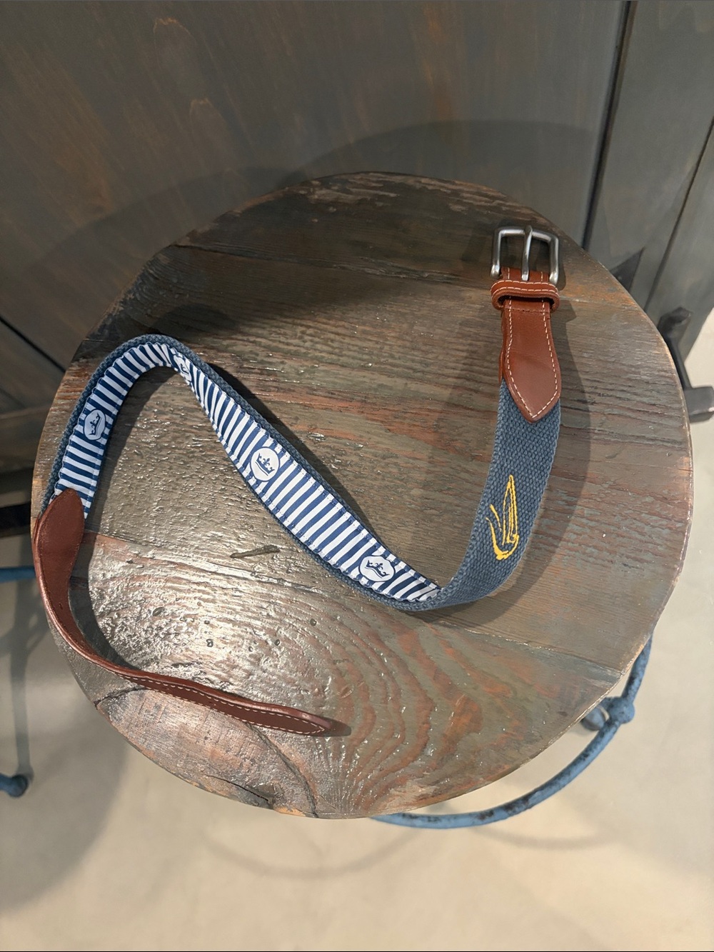 Peter Millar Navy Blue & Brown Kids Belt with Yellow Accent